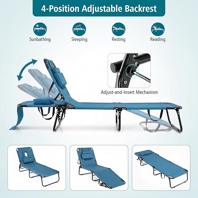 GYMAX Tanning Chair, Folding Lounge Chairs with Face Hole & Cover, Removable Pillow Carry Handle - Photo 5