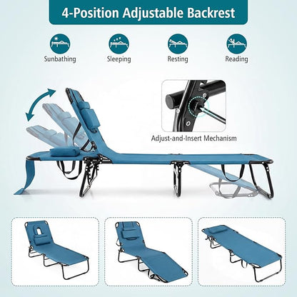 GYMAX Tanning Chair, Folding Lounge Chairs with Face Hole & Cover, Removable Pillow Carry Handle, Portable Compact Outdoor Layout Recliner for Beach, Poolside, Lawn, Patio, Camping (Blue,2)