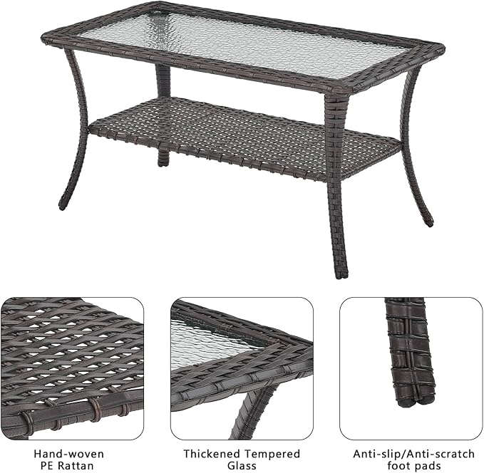 Rilyson Patio Tables Outdoor Coffee Table - Wicker Rattan Coffee Tables with 2-Tier Storage Shelf Glass Top for Outside Proch Deck Balcony Garden Rectangle Brown