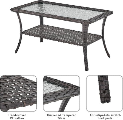 Rilyson Patio Tables Outdoor Coffee Table - Wicker Rattan Coffee Tables with 2-Tier Storage Shelf Glass Top for Outside Proch Deck Balcony Garden Rectangle Brown