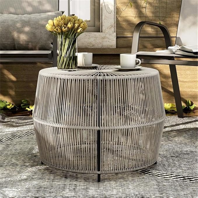 Round Outdoor Coffee Table, PE Wicker and Metal Frame, Weatherproof Gray Finish, 21.7 in Diameter - Photo 6