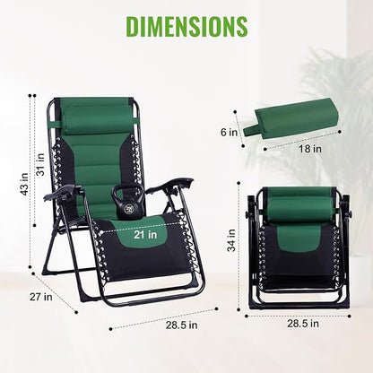 Backyard Expressions Deluxe XL Padded Recliner Zero Gravity Chair – Ergonomic Anti-Gravity Lounger with Folding Design, Side Tray, and Adjustable Headrest