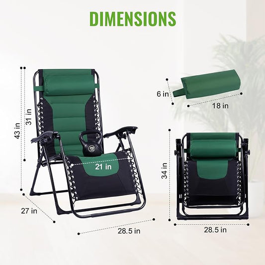 Backyard Expressions Deluxe XL Padded Recliner Zero Gravity Chair – Ergonomic Anti-Gravity Lounger with Folding Design, Side Tray, and Adjustable Headrest