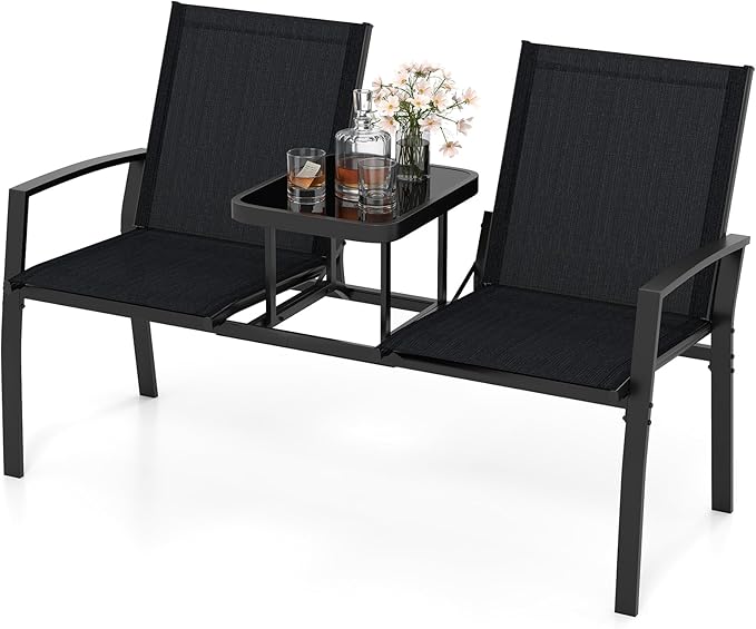 Tangkula Patio Loveseat with Built-in Table, 2-Seat Small Balcony Furniture with Breathable Fabric, Heavy Duty Metal Frame, Tempered Glass Tabletop, Outdoor Seating Bench for Porch Backyard Garden
