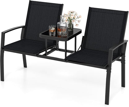 Tangkula Patio Loveseat with Built-in Table, 2-Seat Small Balcony Furniture with Breathable Fabric, Heavy Duty Metal Frame, Tempered Glass Tabletop, Outdoor Seating Bench for Porch Backyard Garden