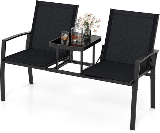 Tangkula Patio Loveseat with Built-in Table, 2-Seat Small Balcony Furniture with Breathable Fabric, Heavy Duty Metal Frame, Tempered Glass Tabletop, Outdoor Seating Bench for Porch Backyard Garden