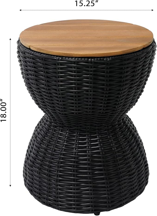 Christopher Knight Home Denhill 15.25" Outdoor Side Table, Round Patio End Table with Wood Top and Wicker Base, Small Outdoor Coffee Table for Balcony Garden, Accent Garden Stool, Black+Natural