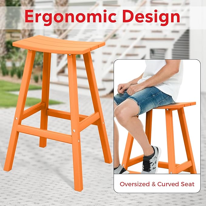 Costaelm All-Weather Bar Stools Set of 3, 29" Height Outdoor Bar Stools, Adirondack Poly Patio Bar Stool for Patio, Deck, Kitchen Counter and Garden, Orange