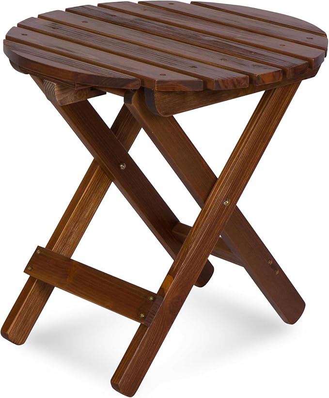 Shine Company Round Wooden Folding Solid Wood Side Table, Outdoor Adirondack Small Patio Table, Oak
