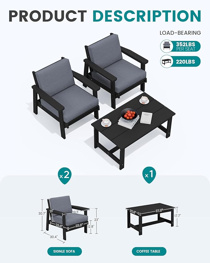 SERWALL HDPE Outdoor Couch, Black Frame and Grey Cushion - Photo 2