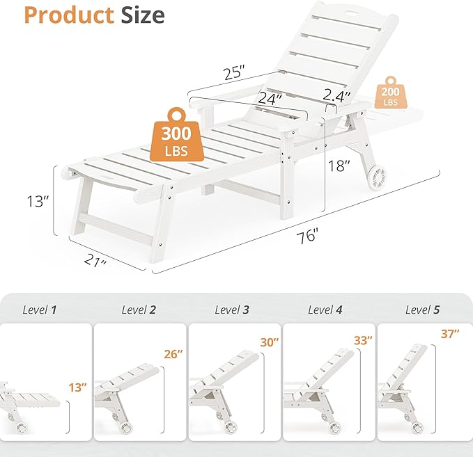LUE BONA Outdoor Chaise Lounge, HDPS Chaise Lounger, 5 Positions Adjustable Lounge Chairs - Photo 2