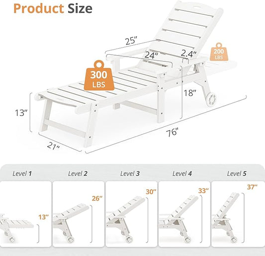 LUE BONA Outdoor Chaise Lounge, HDPS Chaise Lounger, 5 Positions Adjustable Lounge Chairs, Pool Lounge Chair with Wheels for Poolside, Backyard, White