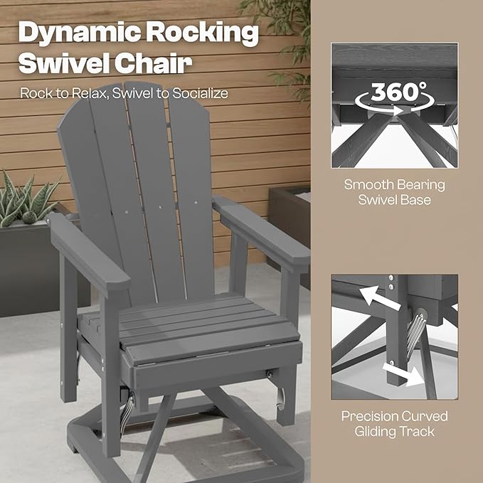 Kingdura Adirondack Swivel Glider Chair, HDPE Patio Glider Rocking Chair for Outdoor, All-Weather Glider Chair for Porch Balcony Lawn Poolside, 450LBS Capacity (Grey)