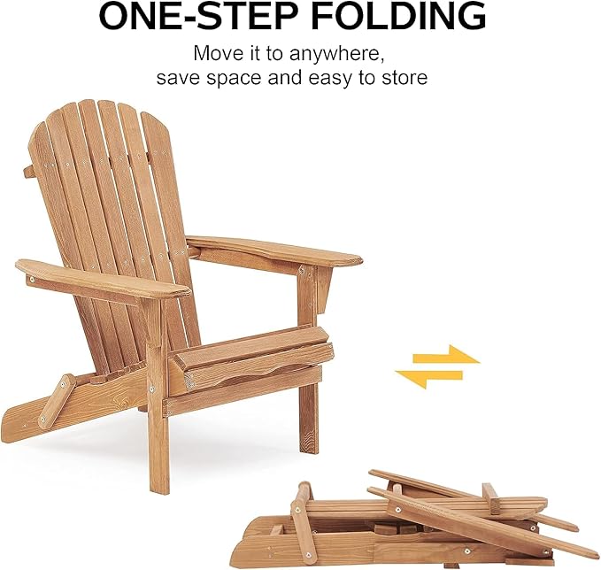 Folding Adirondack Chair Set of 2, Weather Resistant Folding Patio Lawn Chair for Outside Deck Garden Backyardf Balcony, Weather Wood, Wooden Fire Pit Chair, Brown