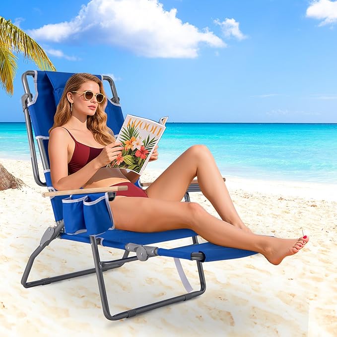 Goplus 3-in-1 Foldable Beach Chair, Lay-Flat Tanning Chair with Face and Arm Holes, Footrest, 330 lbs Heavy-Duty Portable Reclining Lounge Chairs for Outside, Camping, Patio, Poolside, Lawn (1,Navy)