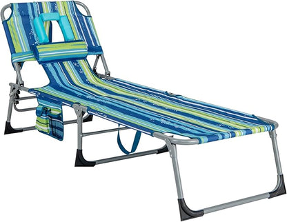 GYMAX Tanning Chair, Folding Beach Lounger with Face Arm Hole, Adjustable Backrest, Side Pocket & Carry Handle, Outside Sunbathing Lounge Chair for Patio, Poolside, Lawn (1, Blue Stripe)
