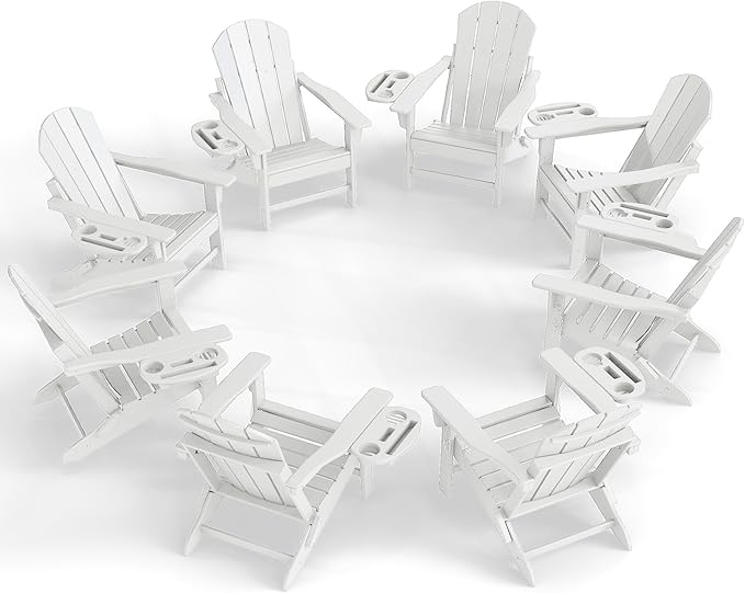 Adirondack Chair Set of 8, HDPE Folding Adirondack Chair with Multifunctional Cup Holder, Weather Resistant Fire Pit Chair for porches, patios, poolsides, Decks.