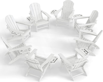 Adirondack Chair Set of 8, HDPE Folding Adirondack Chair with Multifunctional Cup Holder, Weather Resistant Fire Pit Chair for porches, patios, poolsides, Decks.