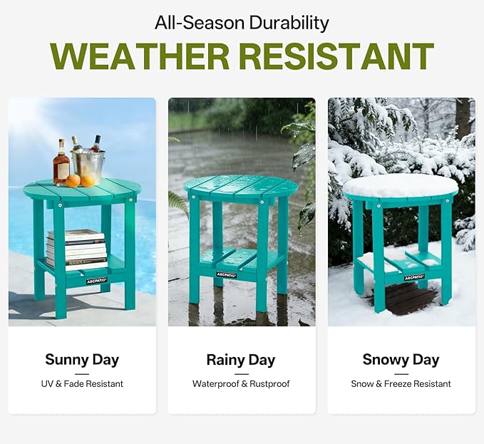 Outdoor Side Table Round - Patio Side Tables - HDPE Small Outdoor End Table for Backyard Pool Porch Balcony - Double Layer Storage - Turquoise (Wood Grain Finish)