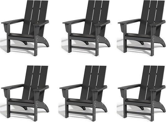 Poly Lumber Adirondack Chairs Set of 6, All-Weather Resistant Outdoor Patio Chairs, Look Like Wood, Pre-Assembled Outdoor Fire Pit Chair for Pool, Deck, Backyard, Garden, Black
