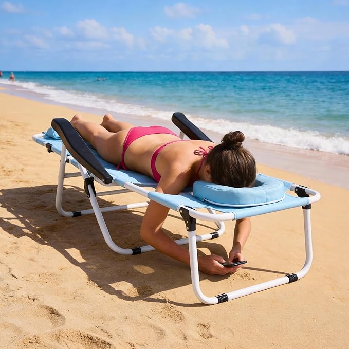 ABORON Tanning Chair with Face Hole, 5-Position Adjustable Reclining Beach Lounge Chair - Photo 6