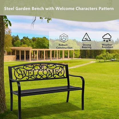 50" Outdoor Garden Bench, Cast Iron Metal Frame Patio Park Bench with PVC Welcome Pattern Backrest,Arch Legs for Park Yard Front Porch Path Yard Lawn Decor Deck Furniture, Black
