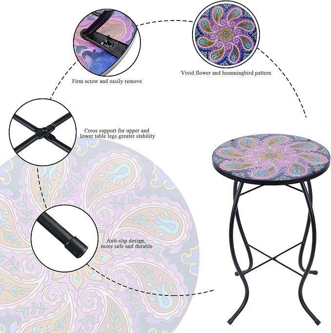 MUMTOP Outdoor Side Table - Patio Table Mosaic Coffee Side Tables Glass AccentTable 14’’Round SmallTable Plant Stand for Indoor Garden Balcony(Peacock)