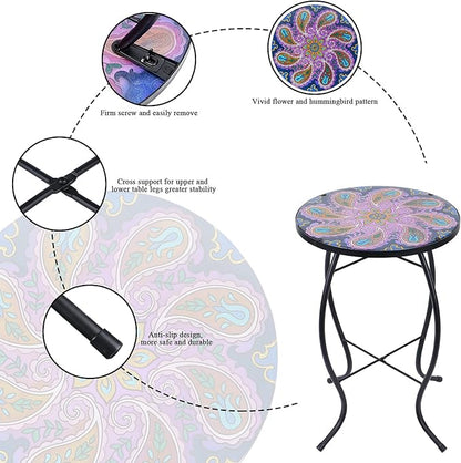 MUMTOP Outdoor Side Table - Patio Table Mosaic Coffee Side Tables Glass AccentTable 14’’Round SmallTable Plant Stand for Indoor Garden Balcony(Peacock)