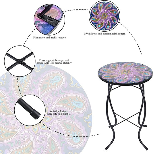 MUMTOP Outdoor Side Table - Patio Table Mosaic Coffee Side Tables Glass AccentTable 14’’Round SmallTable Plant Stand for Indoor Garden Balcony(Peacock)