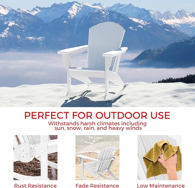Costaelm Outdoor Adirondack Chair, All Weather Resistant Lawn Chairs Balcony Chair and Fire Pit Chairs, Deck Chairs Outdoor Porch Rocking Chair High Back HDPE Poly Lumber, White