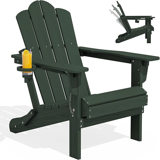 KINGYES Adjustable Folding Adirondack Chair, 3-Position Reclining Adirondack Chairs with Cup Holder, HDPE All-Weather Oversized Adirondack for Outdoor, Patio, Backyard Deck, Fire Pit, Green