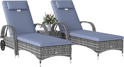 Outsunny Wicker Outdoor Chaise Lounge Chair Set of 3 with Side Table, 5-Level Adjustable Backrest PE Rattan Pool Lounge Chair with Wheels, Cushion & Headrest, Mixed Gray and Gray