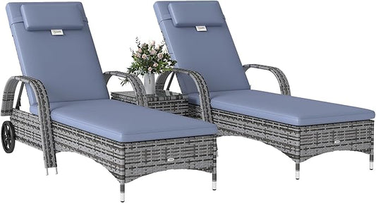 Outsunny Wicker Outdoor Chaise Lounge Chair Set of 3 with Side Table, 5-Level Adjustable Backrest PE Rattan Pool Lounge Chair with Wheels, Cushion & Headrest, Mixed Gray and Gray