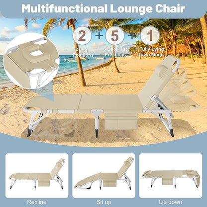 Slsy Folding Lounge Chairs Outdoor, Adjustable Sleeping Cot Chair, Portable Folding Bed Cot Chaise Lounge Chairs for Outside Beach Lawn Camping Pool Sun Tanning