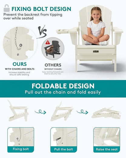 SERWALL Folding Adirondack Chair, Outdoor Adirondack Chairs with Multi-Functional Cup Holder, Wood-Like Patio Chairs, Lawn Chairs, All Weather Plastic Fire Pit Chair for Garden, Backyard, Deck - White