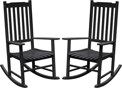 Flamaker Acacia Wood Patio Rocking Chair Set of 2, High Back and Widen Armrest for Adults, Solid Wood Porch Rocking Chair for Lawn, Garden, Backyard (Black)