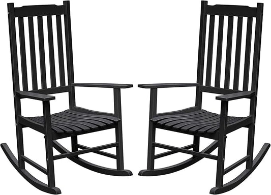 Flamaker Acacia Wood Patio Rocking Chair Set of 2, High Back and Widen Armrest for Adults, Solid Wood Porch Rocking Chair for Lawn, Garden, Backyard (Black)
