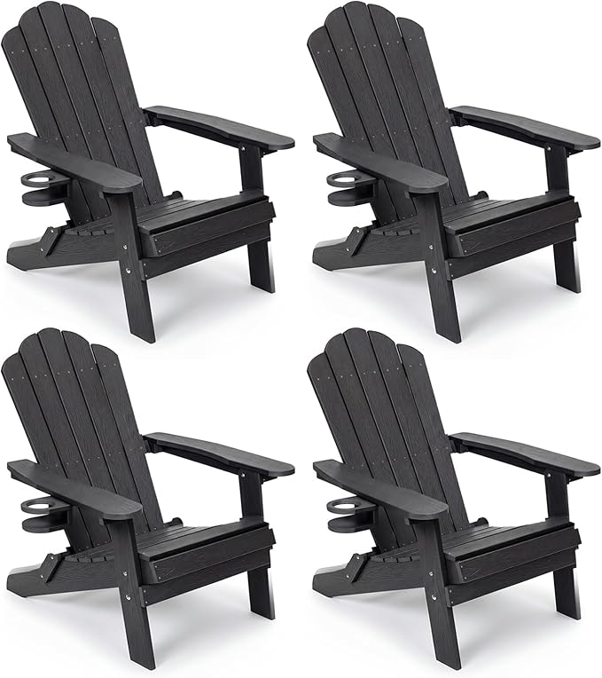 JEKO&JEKO Folding Adirondack Chairs Set of 4, All-Weather Outdoor Chair with Cup Holder, Plastic Adirondack Chair for Patio, Garden, Lawn, Porch, Deck, Backyard – Black