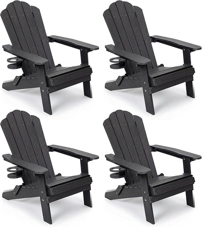 JEKO&JEKO Folding Adirondack Chairs Set of 4, All-Weather Outdoor Chair with Cup Holder, Plastic Adirondack Chair for Patio, Garden, Lawn, Porch, Deck, Backyard – Black