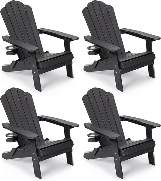 JEKO&JEKO Folding Adirondack Chairs Set of 4, All-Weather Outdoor Chair with Cup Holder, Plastic Adirondack Chair for Patio, Garden, Lawn, Porch, Deck, Backyard – Black