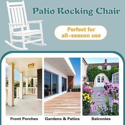 Outdoor Rocking Chair for Adults, High Back Patio Rocking Chair, HDPE All Weather Resistant Porch Rocker for Lawn, Porch, Backyard, Indoor and Garden (White)
