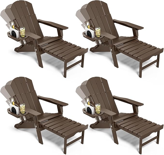 Adjustable Adirondack Chair with Retractable Ottoman Set of 4, HDPE Folding Adirondack Chair with Cup Holder, All Weather Fire Pit Chair for Outdoor.