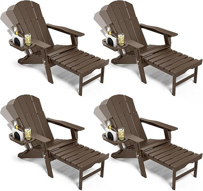 Adjustable Adirondack Chair with Retractable Ottoman Set of 4, HDPE Folding Adirondack Chair with Cup Holder, All Weather Fire Pit Chair for Outdoor.