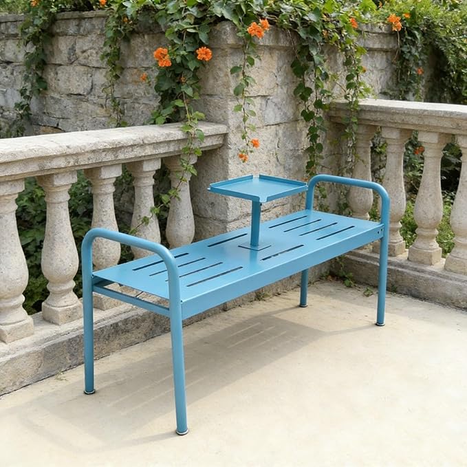 Modern Floor Patio Bench, 2-Person Metal Garden Bench Seat, Outdoor Benches Weatherproof with Built-in Small Table and Armrests, 120cm/47.2in Park Benches Outdoor Furniture(Blue)