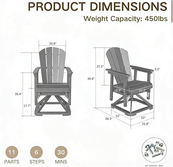 Kingdura Adirondack Swivel Glider Chair, HDPE Patio Glider Rocking Chair for Outdoor, All-Weather Glider Chair for Porch Balcony Lawn Poolside, 450LBS Capacity (Grey)