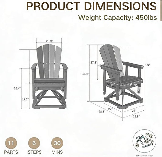 Kingdura Adirondack Swivel Glider Chair, HDPE Patio Glider Rocking Chair for Outdoor, All-Weather Glider Chair for Porch Balcony Lawn Poolside, 450LBS Capacity (Grey)
