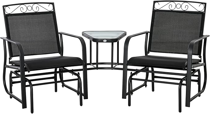 Outsunny Outdoor Glider Chairs with Coffee Table, Patio 2-Seat Rocking Chair Swing with Breathable Sling for Backyard, Garden and Porch, Black