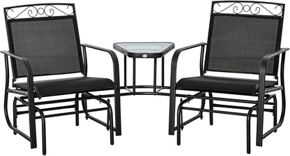 Outsunny Outdoor Glider Chairs with Coffee Table, Patio 2-Seat Rocking Chair Swing with Breathable Sling for Backyard, Garden and Porch, Black