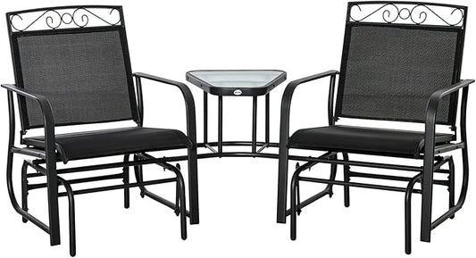 Outsunny Outdoor Glider Chairs with Coffee Table, Patio 2-Seat Rocking Chair Swing with Breathable Sling for Backyard, Garden and Porch, Black