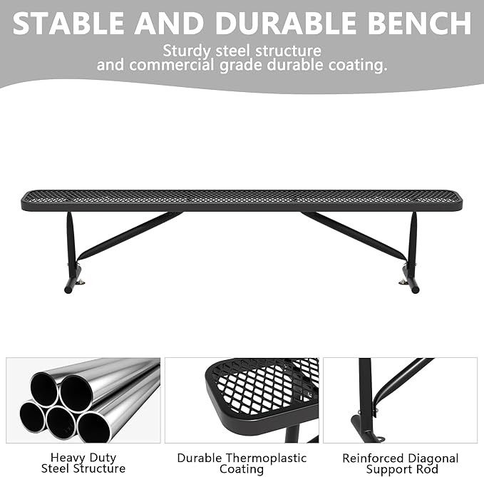 8 Feet Heavy Duty Metal Park Bench for Outside, Outdoor Bench with Portable Frame, Commercial Benches for Shopping Mall, Store, Park, Patio, Deck, Black